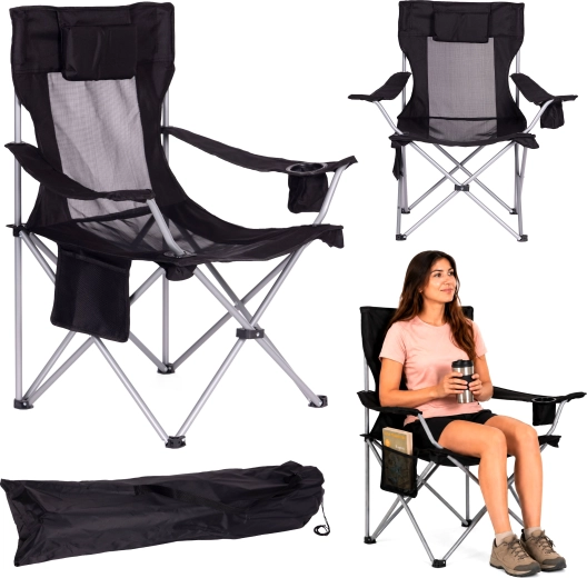 Scaun de camping pliabil cu tetieră, suport pentru băuturi și husă MultiGarden