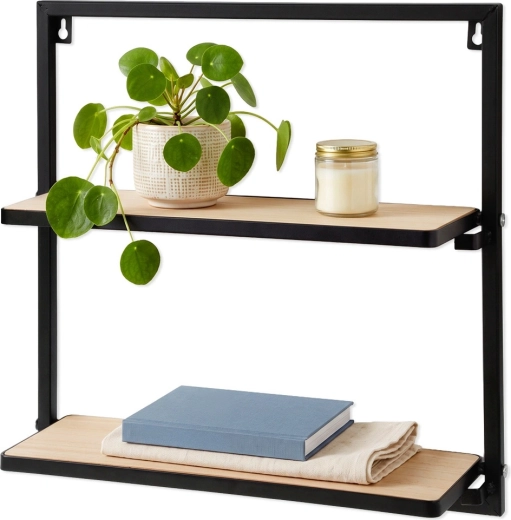 Raft de perete metalic negru cu 2 niveluri 40 × 12 × 40 cm