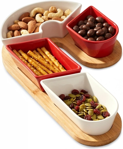 Boluri ceramice pentru gustări pe tavă de bambus, set 5 piese