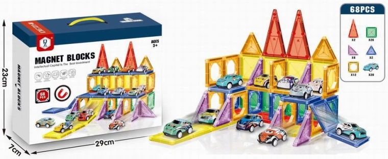 Set de construcție magnetic 3D cu mașinuțe, 68 piese