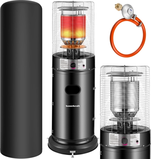 Încălzitor pe gaz pentru terasă 11 kW cu capac de sticlă, regulator, furtun și husă