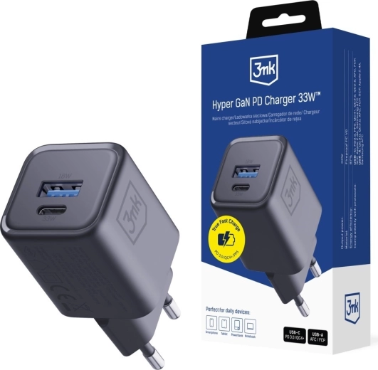 Încărcător de rețea 3MK Hyper Charger PD 33W GaN USB-A și USB-C negru
