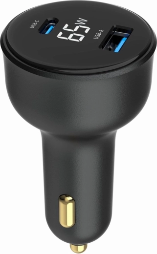 Încărcător auto rapid 2× USB‑A + USB‑C PD cu LCD, 65 W, negru