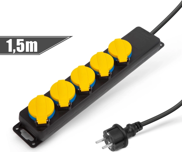 Prelungitor pentru exterior cu capac, 1,5 m, 5× 230 V, IP44