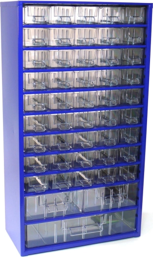 Dulap metalic cu sertare pentru piese TOKOZ, 45 mici + 2 medii + 1 mare, 30,5 × 55 × 15,5 cm, albastru