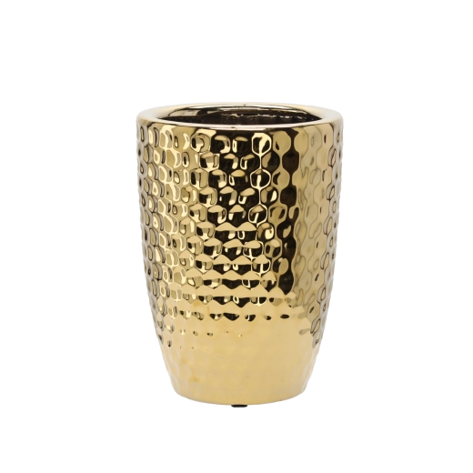 Ghiveci ceramic cu model fagure, auriu, 25,5 × 25,5 × 34,5 cm