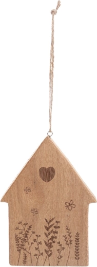 Decorațiune din lemn suspendată, căsuță cu motiv floral, maro, 16 cm
