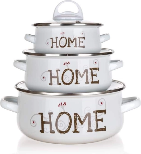 Set de oale emailate BANQUET Home, 6 piese, alb cu capace din sticlă