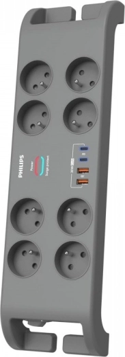 Prelungitor cu protecție la supratensiune 2 m, 8 prize, 2× USB‑C și 2× USB‑A, 30 W GaN, 2400 J – PHILIPS