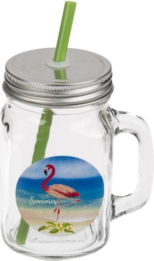 Pahar Mason cu capac și pai 450 ml Flamingo