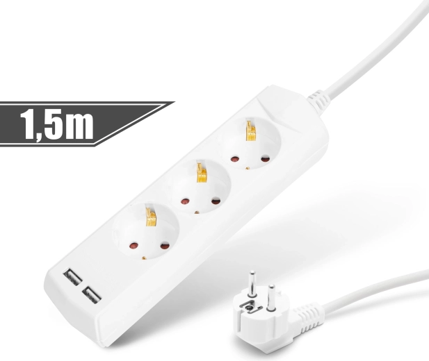 Prelungitor cu 3 prize și 2 porturi USB, 1,5 m