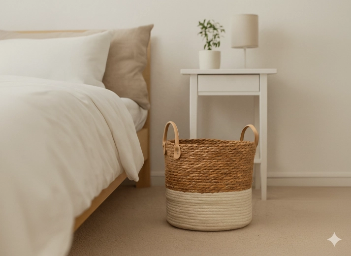 Coș de depozitare împletit din iarbă de mare cu franjuri, 28 × 26 cm