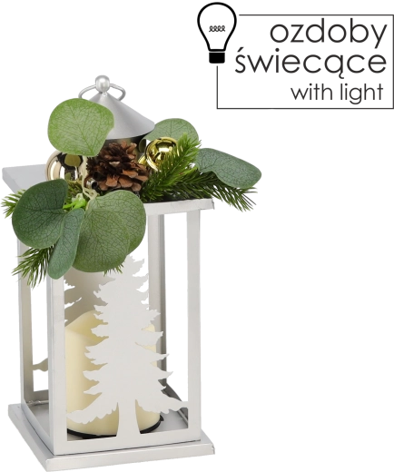 Lampion metalic de Crăciun cu brazi și lumânare LED, argintiu
