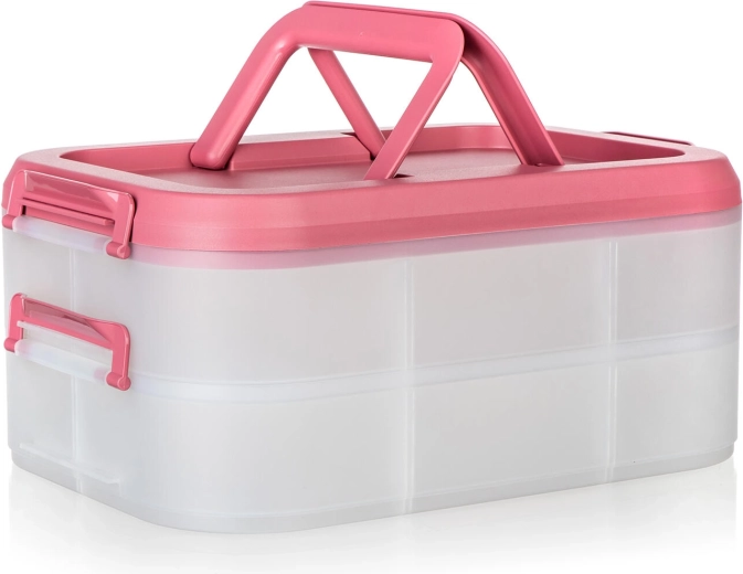Cutie alimentară cu două niveluri, cu capac și mâner roz 40 × 28 × 17,8 cm