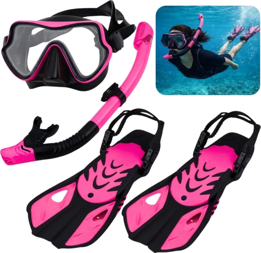 Set pentru snorkeling cu mască, tub și labe negru‑roz S/M (UE 37–41)