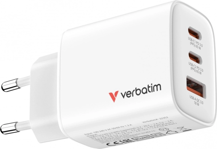 Încărcător Verbatim Essentials GaN 65 W (2× USB-C PD 3.0 + 1× USB-A QC 3.0), EU, alb