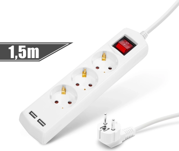 Prelungitor cu 3 prize, 2 porturi USB și întrerupător, 1,5 m