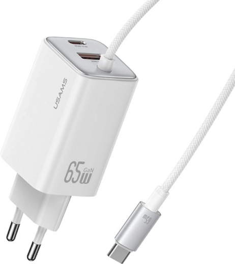 Încărcător de rețea Usams JC Series 65W GaN cu cablu USB‑C integrat (2× USB‑C, 1× USB‑A), alb