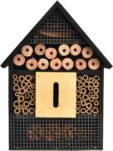 Hotel pentru insecte din lemn natural, negru, 22 × 9 × 30 cm