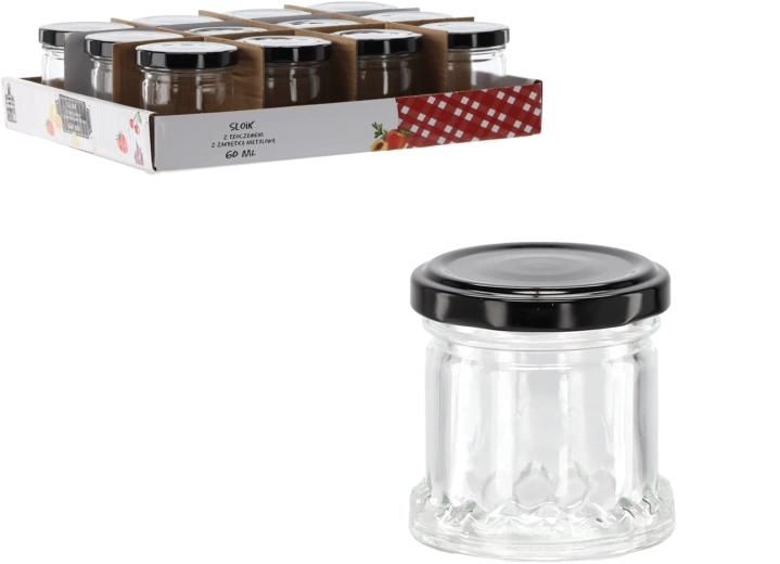 Borcan de sticlă 60 ml cu relief și capac metalic negru