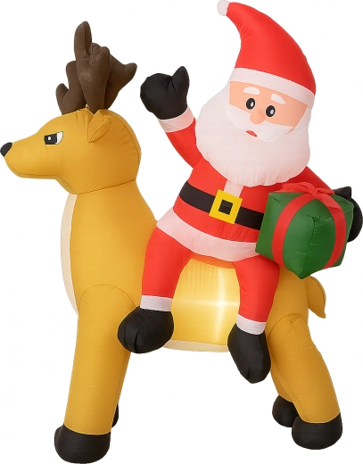 Moș Crăciun gonflabil cu ren, 1,5 m, cu iluminare LED