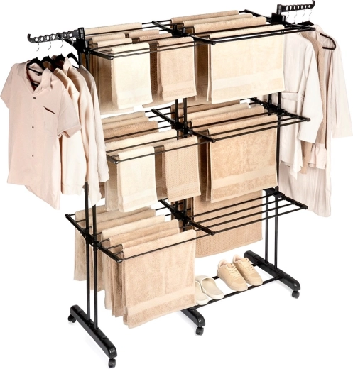 Uscător de rufe metalic pliabil XXL, negru, 3 niveluri, telescopic 75–135 × 66 × 180 cm