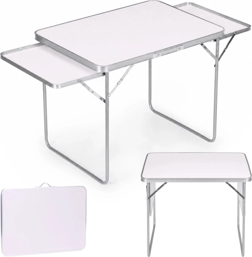 Masă de camping pliabilă Multigarden 120 × 60 cm cu 2 rafturi laterale, albă