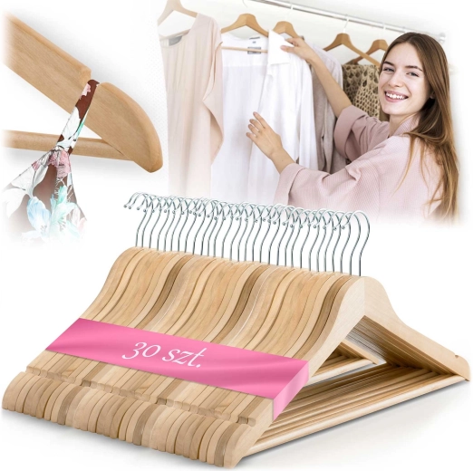 Umeraș din lemn Massido pentru haine din lemn natural, set 30 buc.
