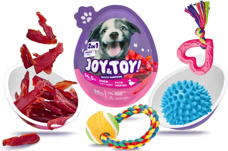 Joy&Toy ou pentru câini cu surpriză – jerky moale de rață și jucărie