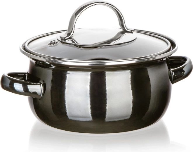 Oală emailată cu capac din sticlă 14 cm, 0,7 l, Metallic Black