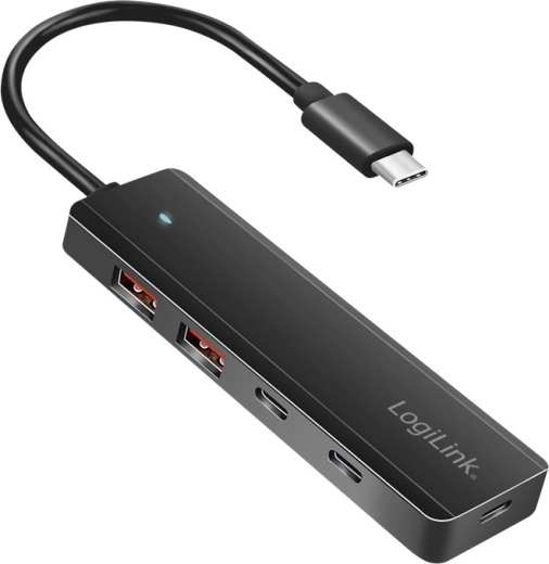 Hub USB-C ultra-subțire cu 4 porturi (2× USB-A, 2× USB-C), negru