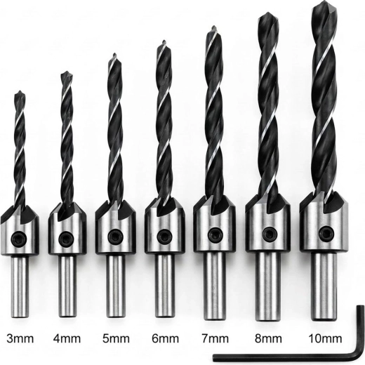 Set de burghie cu freză de îngropare pentru lemn, 3–10 mm