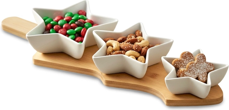 Boluri din porțelan pentru gustări pe tavă din bambus, set din 4 piese