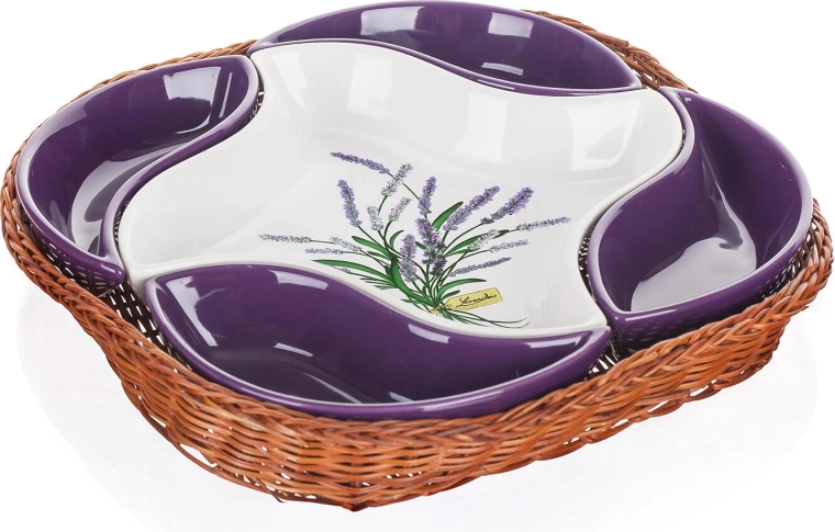 Set de boluri ceramice LAVENDER în coș împletit din nuiele 5 buc (28 × 28 cm)