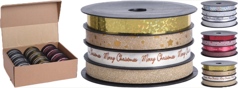 Panglică de legat sclipitoare 4 m × 1 cm, mix argintiu/auriu/roșu (4 buc)