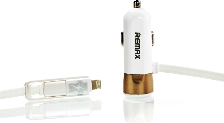 Adaptor auto Remax pentru brichetă 3,4 A cu cablu auriu Lightning și micro‑USB