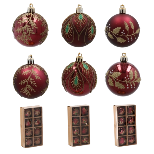 Set de globuri de Crăciun burgund 6 cm cu model auriu de frunze – 8 buc