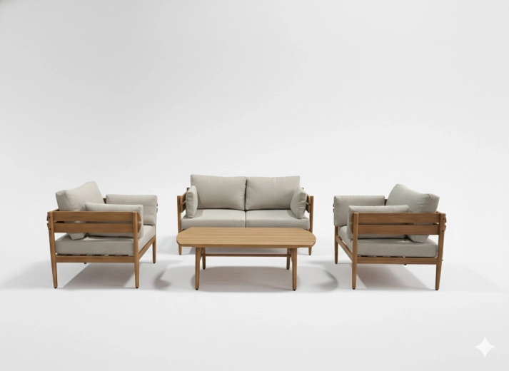 Set de mobilier de grădină din aluminiu Podgorica, 4 piese (canapea, 2 fotolii, măsuță de cafea) – structură maro, perne bej