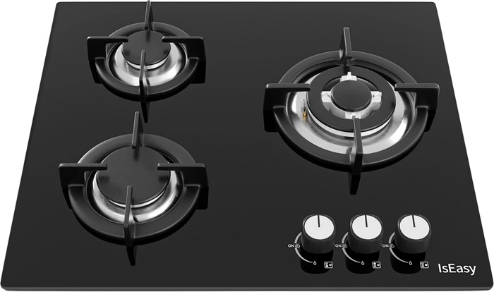 Plită pe gaz încorporabilă ISEASY cu 3 arzătoare, sticlă neagră, grătare din fontă