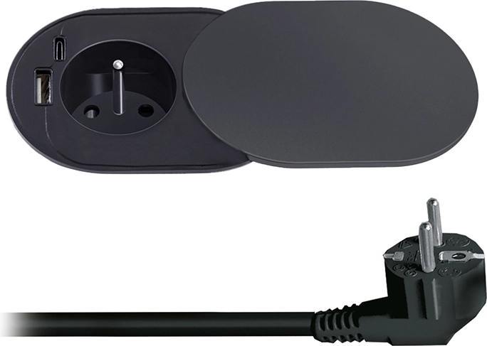 Priză încastrată Solight 230 V cu USB-A și USB-C 20 W PD, cu capac glisant, 2 m, negru mat
