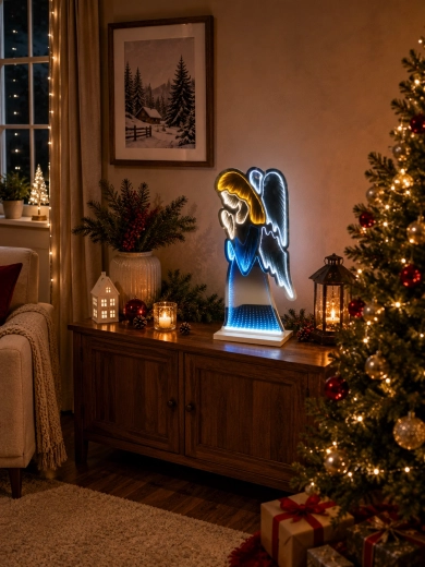 Decorațiune LED 3D de Crăciun Înger cu efect infinity mirror - 1 bucată