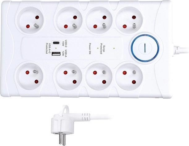 Solight protecție împotriva supratensiunii cu 8 prize și USB-A/USB-C, 2 m, albă