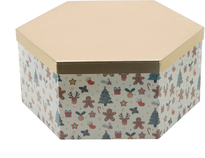 Cutie cadou de Crăciun hexagon cu capac auriu 33 × 28,5 × 12 cm - 1 bucată