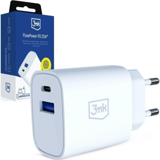 Încărcător de rețea 3mk FlowPower 25 W USB‑C/USB‑A alb