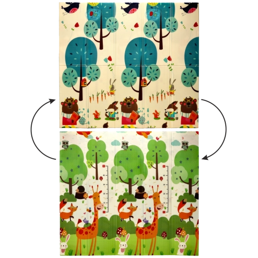 Covoraș educațional pliabil, dublu-față, 180×200×1 cm cu animale și copaci + geantă