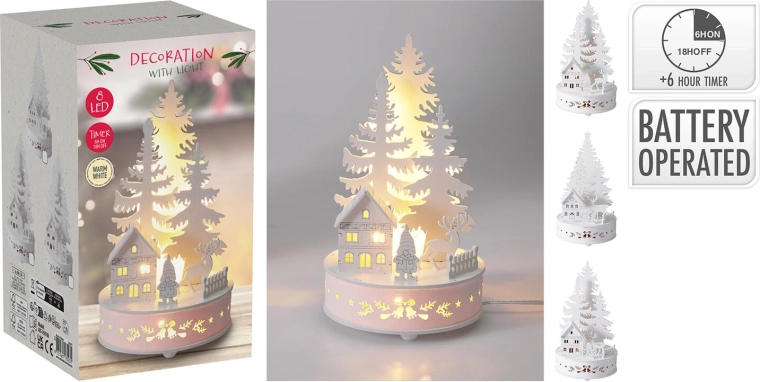 Decorațiune LED din lemn, brăduț 20 cm cu temporizator - 1 bucată