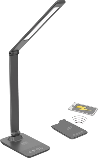 Lampă de birou LED Solight cu intensitate reglabilă, încărcare wireless de 10 W, schimbarea temperaturii de culoare, gri