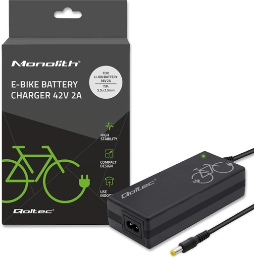 Încărcător Qoltec pentru bateria bicicletei electrice, 36 V, 42 V, 2 A, 5,5 × 2,5 mm