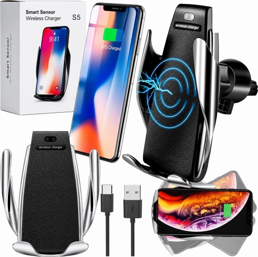 Suport gravitațional pentru telefon, pentru grila de ventilație, cu încărcare wireless de 10 W