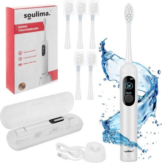 Periuță de dinți electrică sonică Soulima X800 albă, cu încărcare inductivă și 6 capete